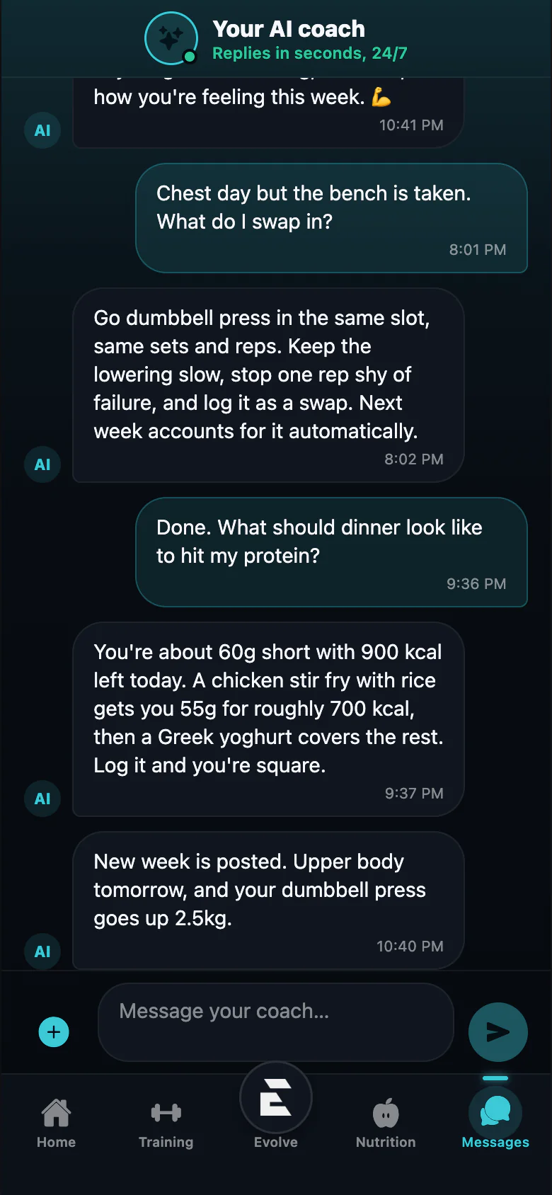 Evolve app AI coach chat answering training and nutrition questions