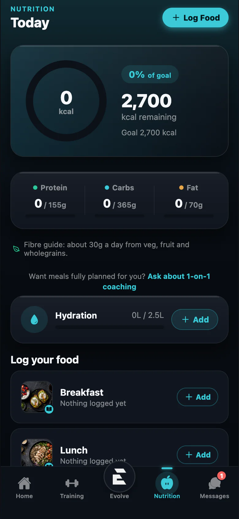 Evolve app nutrition targets and food logging