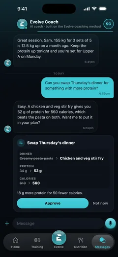The Evolve app: Evolve Coach, the AI coach, suggesting a better dinner