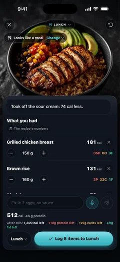 The Evolve app: a meal logged from a photo
